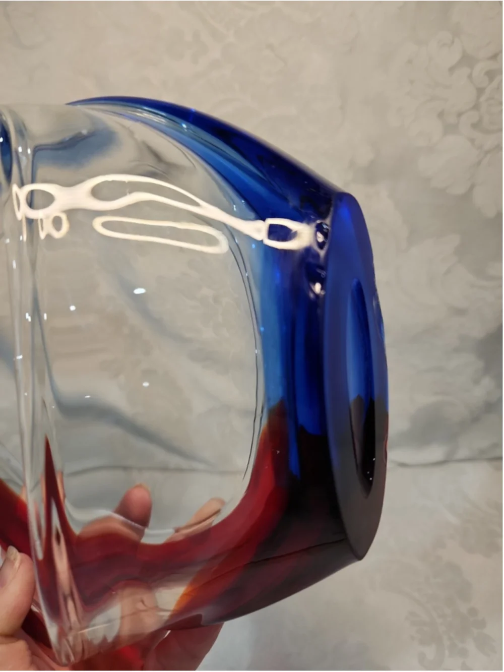 Vintage Art Glass Basket Vase Blue Red Stretched Handle Centerpiece Candy Dish